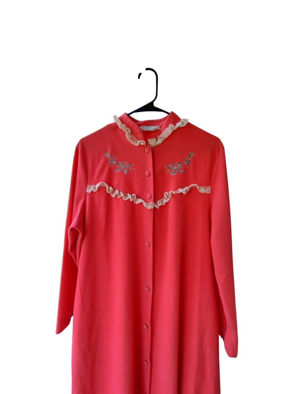 Vintage Coral Button-Front Embroidered Robe with Ruffle Trim - Picture 5 of 6